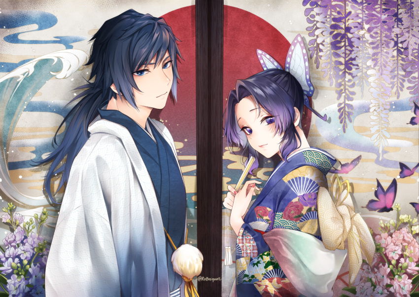 1boy, 1girl, alternate_costume, architecture, blue_eyes, blue_hair, bow, butterfly_hair_ornament