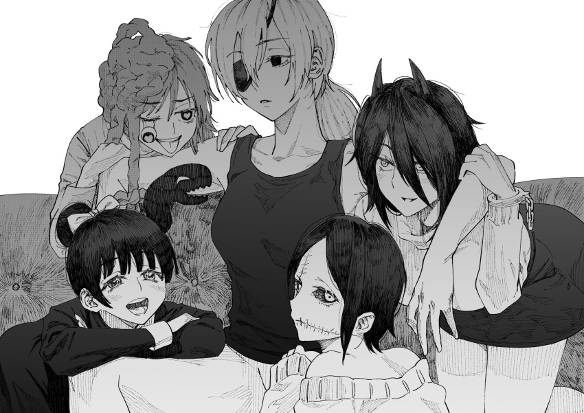 5girls, arm_over_shoulder, bare_shoulders, black_sclera, blush, bow, chainsaw_man, colored_sclera