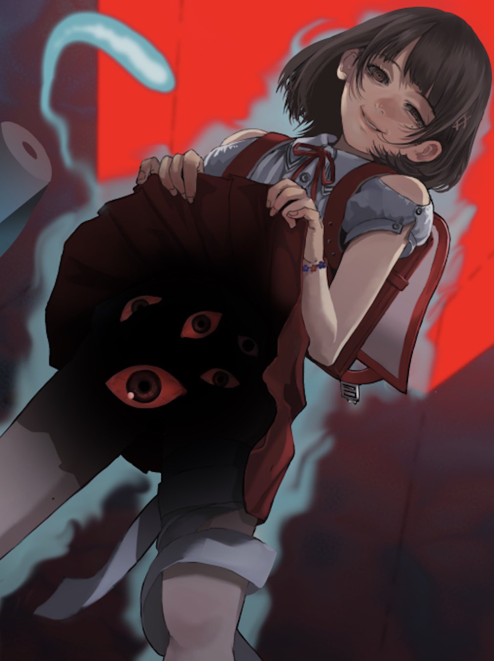 1girl, backpack, bag, bare_shoulders, bracelet, brown_eyes, brown_hair, clothing_cutout, commission, evil_grin, evil_smile, extra_eyes, fingernails, floating, floating_object, from_below, gauss_<bokashi, grin, hair_ornament, highres, horror_(theme), indoors, jewelry, lifted_by_self, mole, mole_on_leg, mole_under_eye, original, parted_lips, red_eyes, red_skirt, shadow, short_hair, shoulder_cutout, skeb_commission, skirt, skirt_lift, smile, spirit, toile_no_hanako-san, toilet_paper, veins