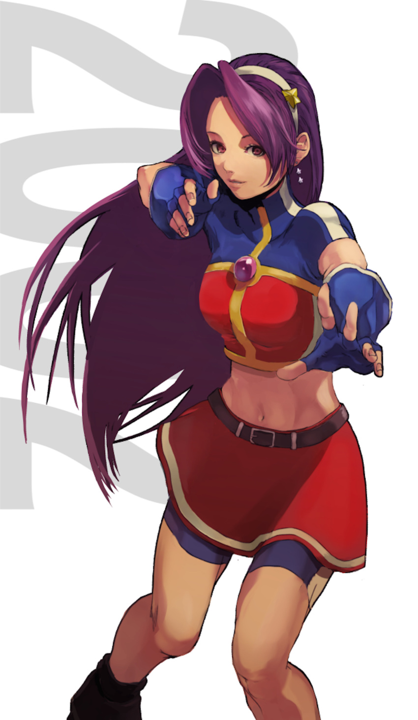 1girl, asamiya_athena, blue_gloves, earrings, fighting_stance, gauss_<bokashi, gloves, grey_hairband
