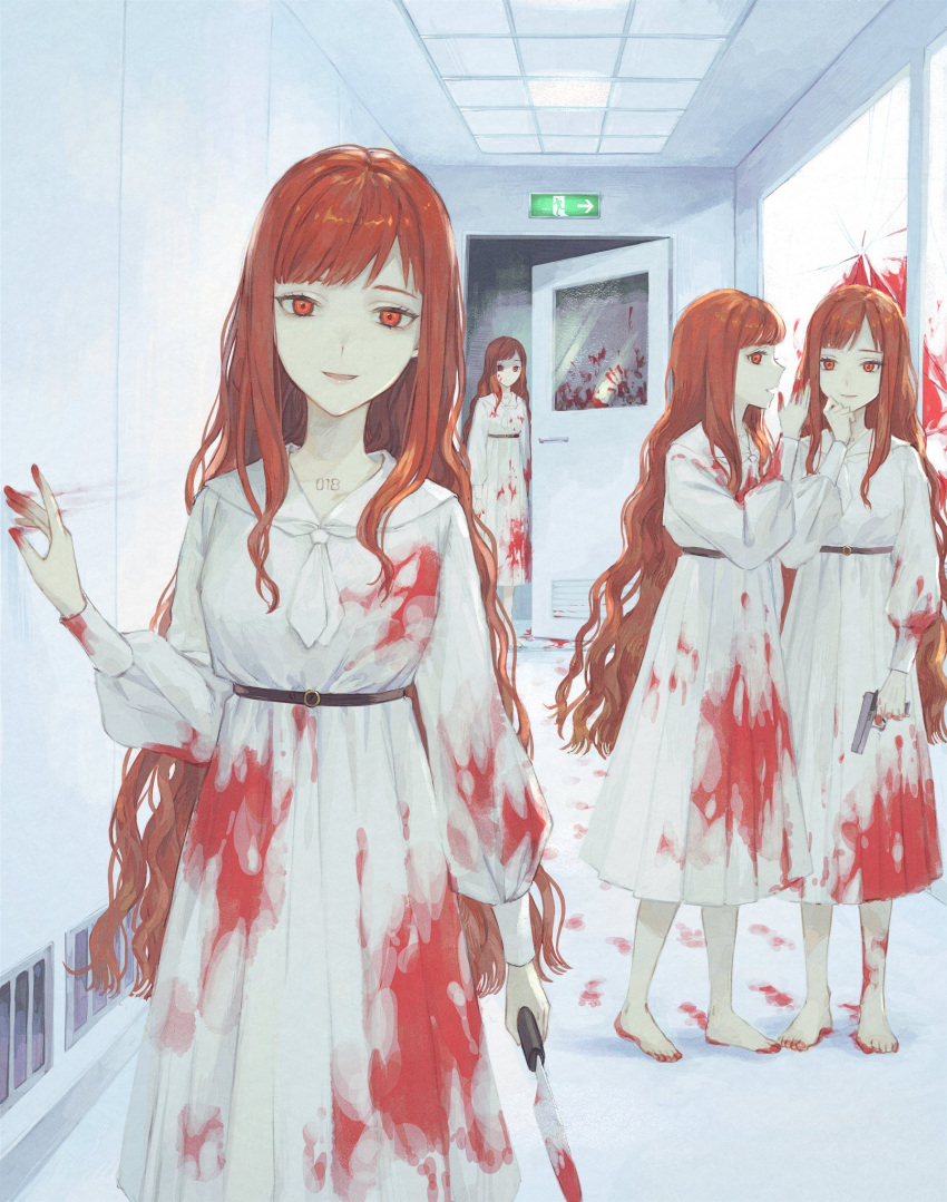 4girls, barefoot, blood, blood_on_face, blood_stain, blood_trail, bloody_clothes, bloody_handprints
