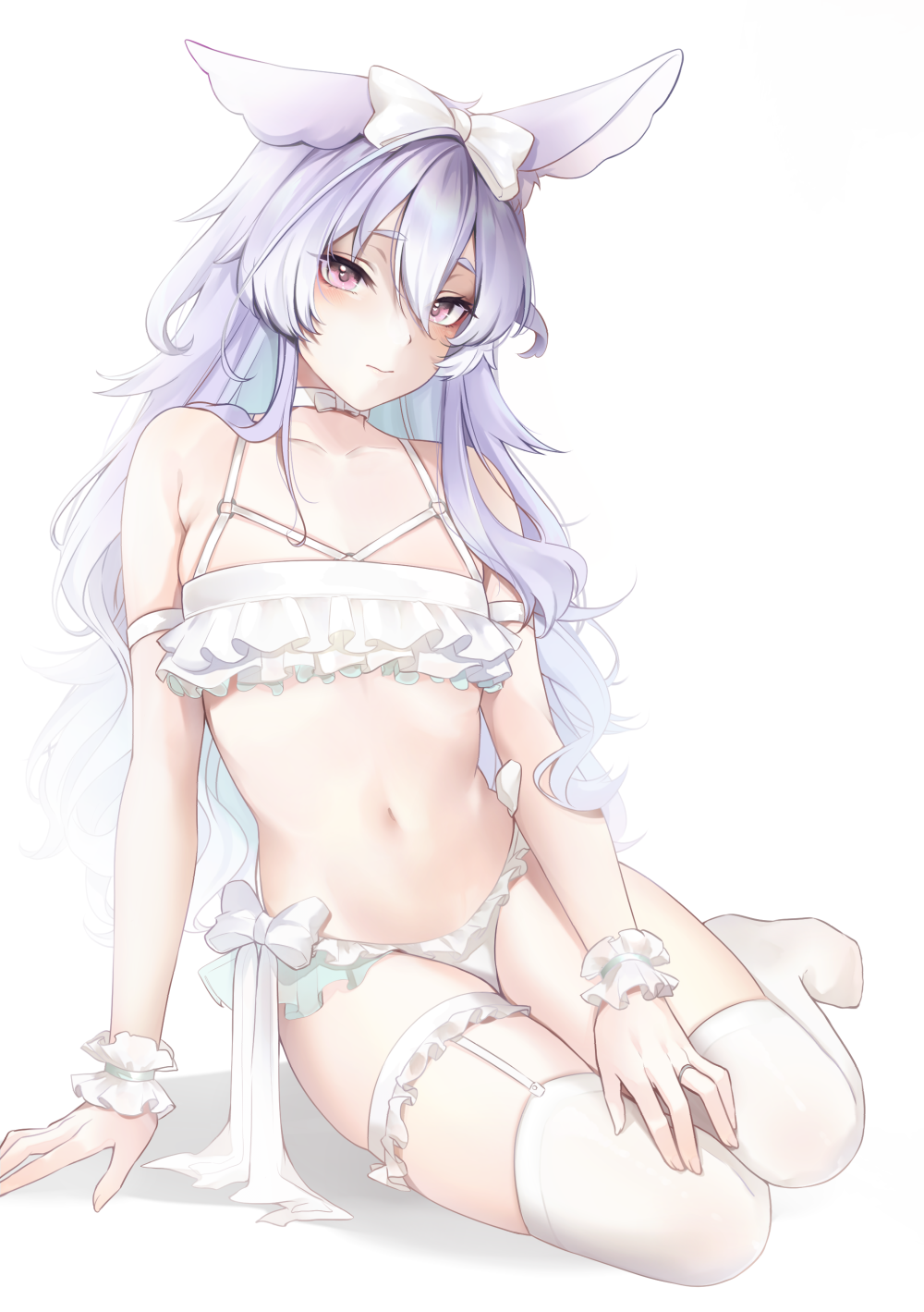 1girl, animal_ears, arm_up, armlet, bow, bra, choker, closed_mouth