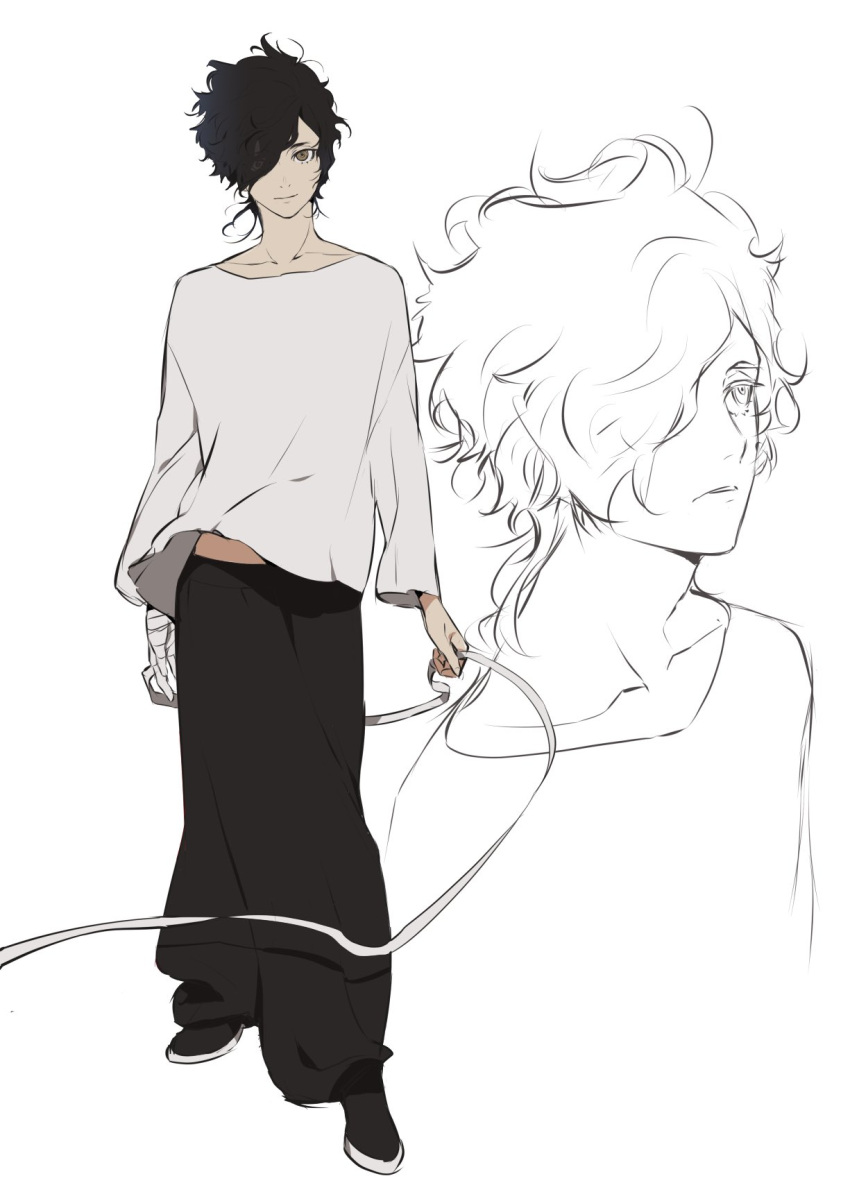 1boy, bandaged_hand, black_footwear, black_hair, brown_eyes, closed_mouth, collarbone, eyebrows_visible_through_hair