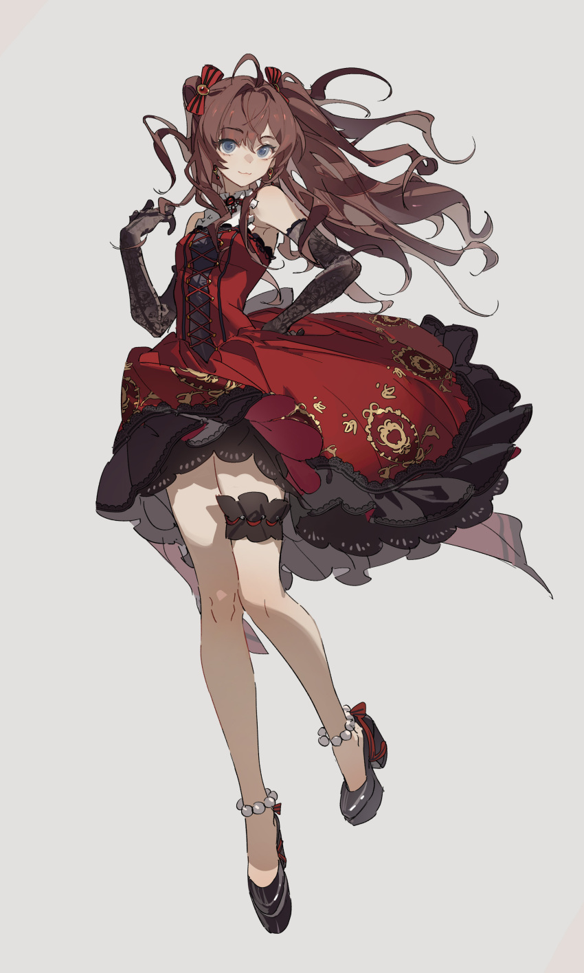 1girl, :3, absurdres, ahoge, bare_legs, black_footwear, black_gloves, blue_eyes