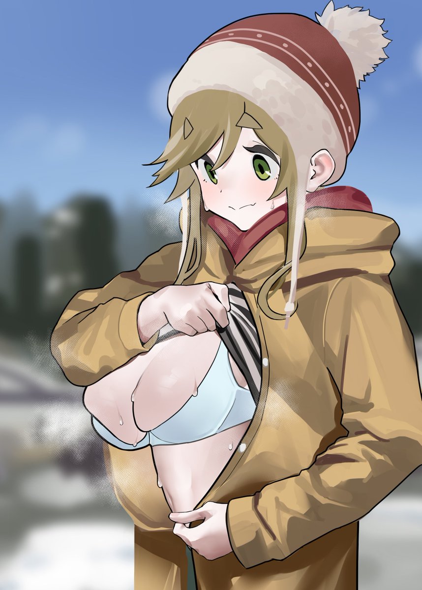 1girl, blue_sky, blurry, blurry_background, blush, bra, breasts, breasts_outside