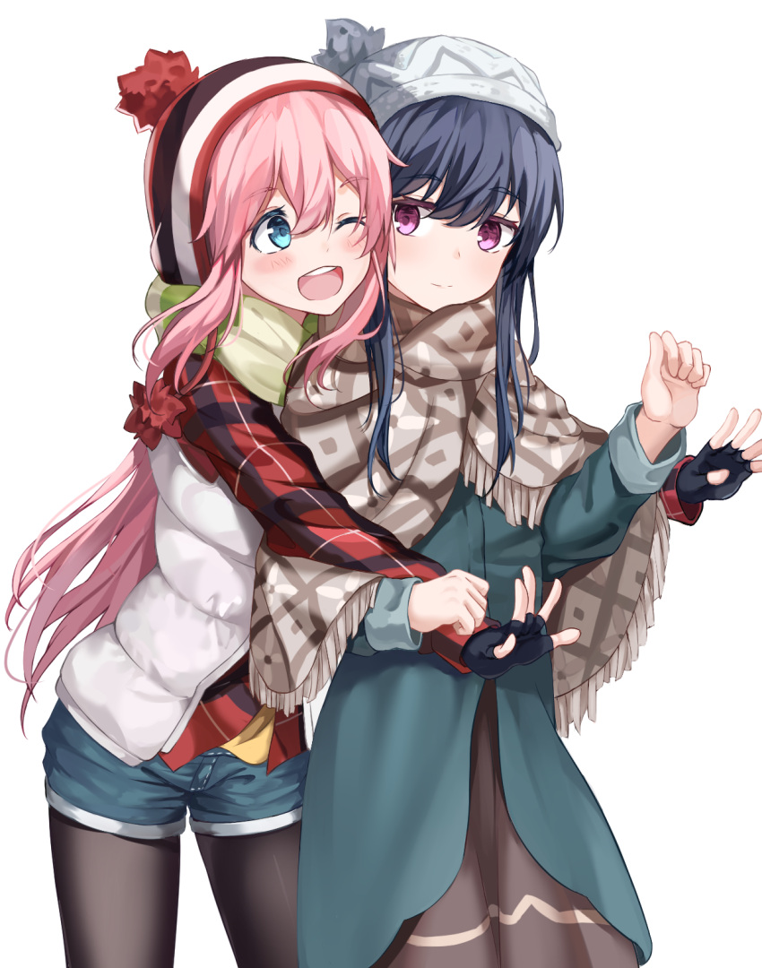 2girls, beanie, blue_eyes, blue_hair, blush, eye_contact, fingerless_gloves, gloves