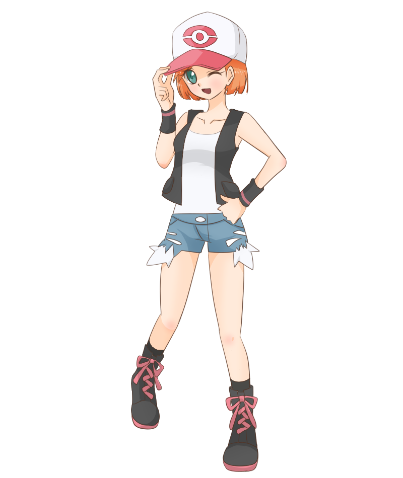 1girl, ;d, aqua_eyes, baseball_cap, black_vest, black_wristband, boots, breasts