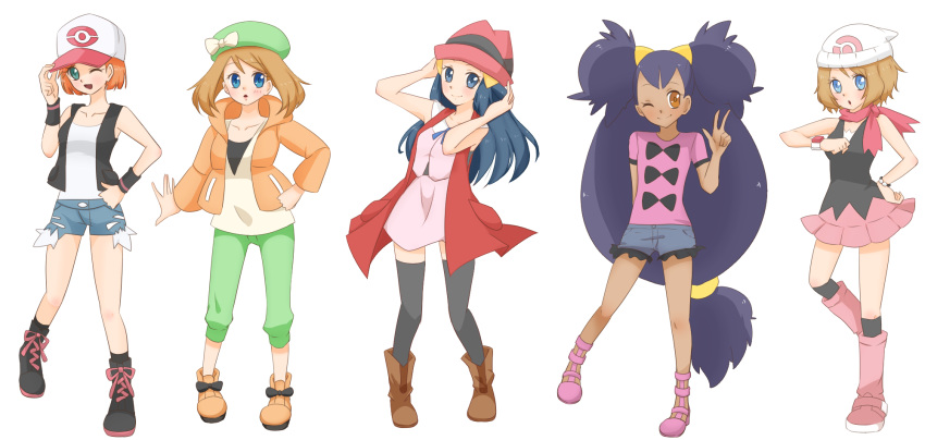 5girls, :d, ;d, ;|, aqua_eyes, bag, baseball_cap, beanie