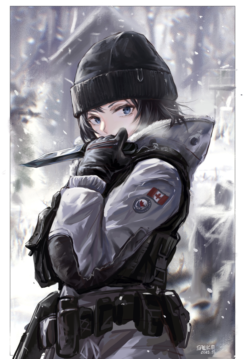 1girl, absurdres, arknights, artist_name, belt, black_hair, blue_eyes, border