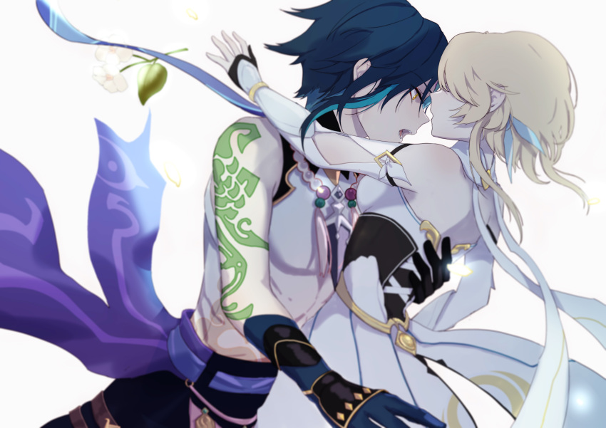 1boy, 1girl, absurdres, aqua_hair, arm_tattoo, arms_up, asymmetrical_clothes, bangs, bare_shoulders, bead_necklace, beads, black_gloves, black_hair, black_pants, blonde_hair, blurry, blurry_foreground, commentary_request, couple, detached_sleeves, dress, feathers, flower, genshin_impact, gloves, hair_feathers, hand_on_another's_back, hetero, highres, hug, imminent_bite, jewelry, lumine_(genshin_impact), multicolored_hair, n.s.egg, necklace, open_mouth, pants, parted_bangs, profile, shaded_face, shirt, short_hair, short_hair_with_long_locks, sidelocks, single_bare_shoulder, single_detached_sleeve, slit_pupils, tattoo, teeth, two-tone_hair, white_dress, white_flower, white_gloves, white_shirt, xiao_(genshin_impact), yellow_eyes