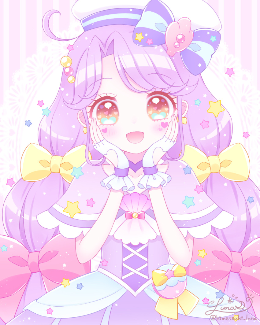 1girl, :d, ahoge, bangs, beret, blush, bow, brown_eyes, clothing_cutout, commentary_request, cure_coral, dress, eyebrows_visible_through_hair, fingerless_gloves, gloves, hair_bow, hands_up, hat, heart, heart_cutout, highres, himetsuki_luna, long_hair, open_mouth, parted_bangs, pink_bow, precure, purple_capelet, purple_dress, purple_hair, signature, smile, solo, striped, striped_background, striped_bow, suzumura_sango, tropical-rouge!_precure, twitter_username, upper_body, vertical_stripes, very_long_hair, white_gloves, white_headwear, yellow_bow