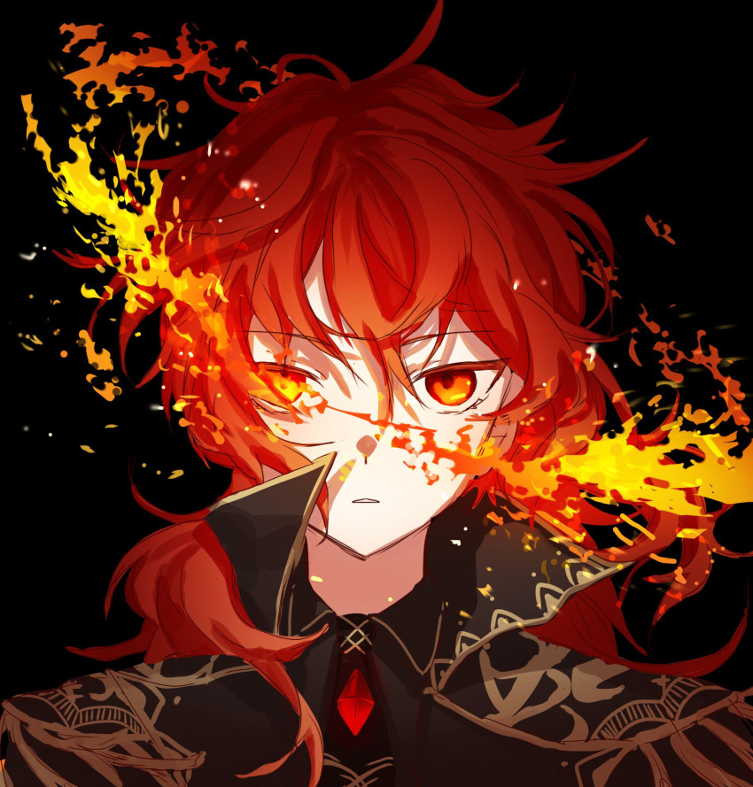 1boy, bangs, black_background, black_coat, black_shirt, coat, commentary_request, diluc_(genshin_impact)