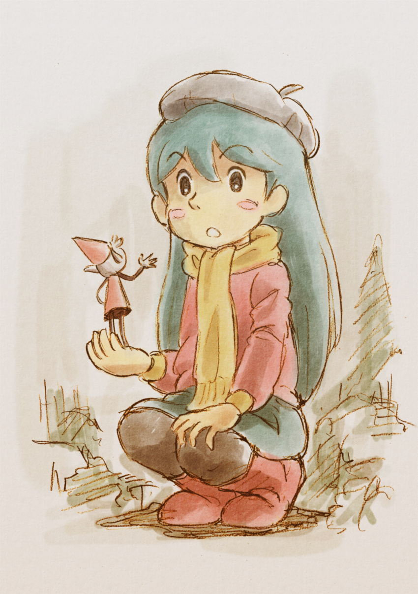1girl, absurdres, alfur_(hilda), beret, black_legwear, blue_hair, blush, boots, hand_on_own_knee, hasp, hat, highres, hilda_(hilda), hilda_(series), looking_at_another, open_mouth, pullover, raised_eyebrows, red_footwear, scarf, skirt, squatting, studio_ghibli_(style), wide-eyed