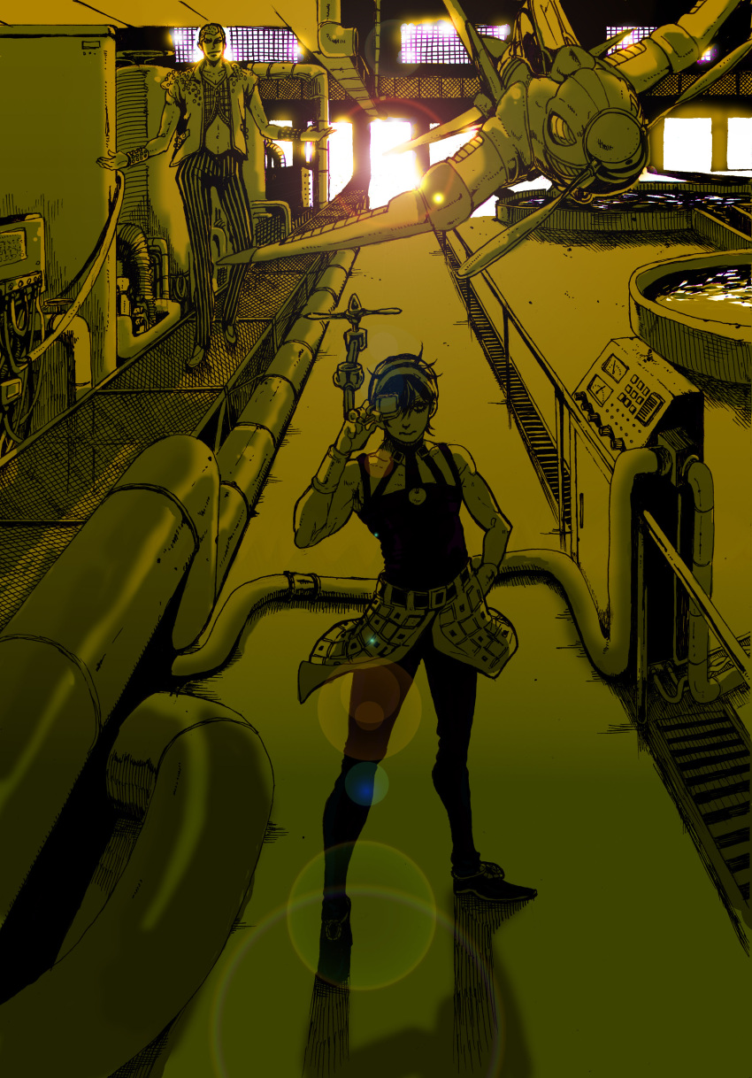 absurdres, aerosmith_(stand), airplane, bare_shoulders, black_hair, eat666, eat_(pixiv1194505), formaggio