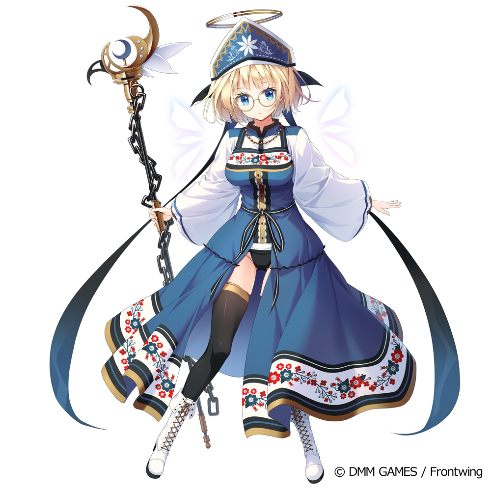 1girl, black_legwear, black_panties, blonde_hair, blue_dress, blue_eyes, blue_headwear, boots