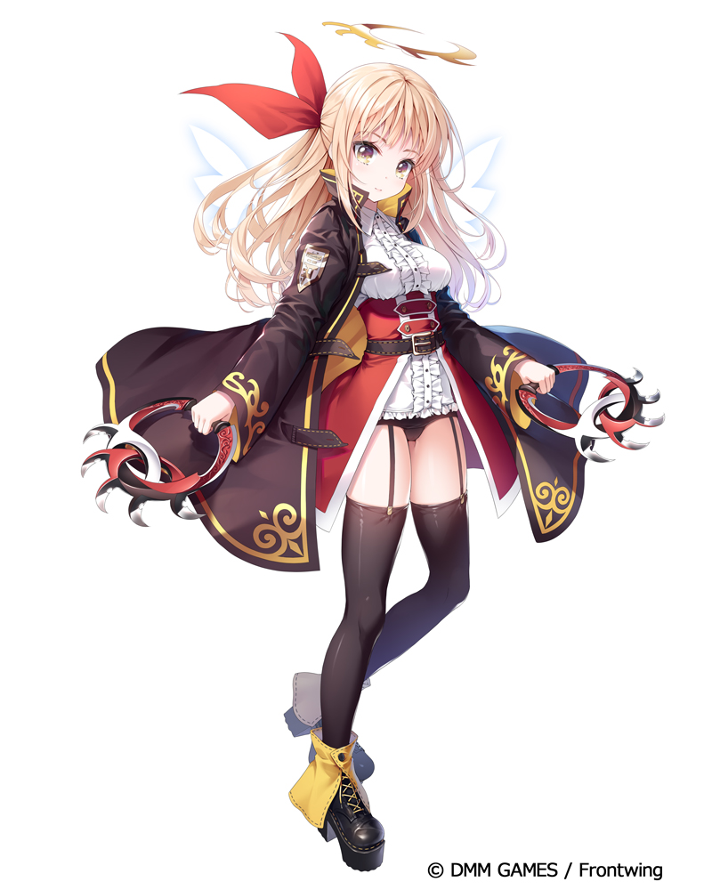 1girl, bangs, black_footwear, black_jacket, black_legwear, black_panties, blonde_hair, breasts