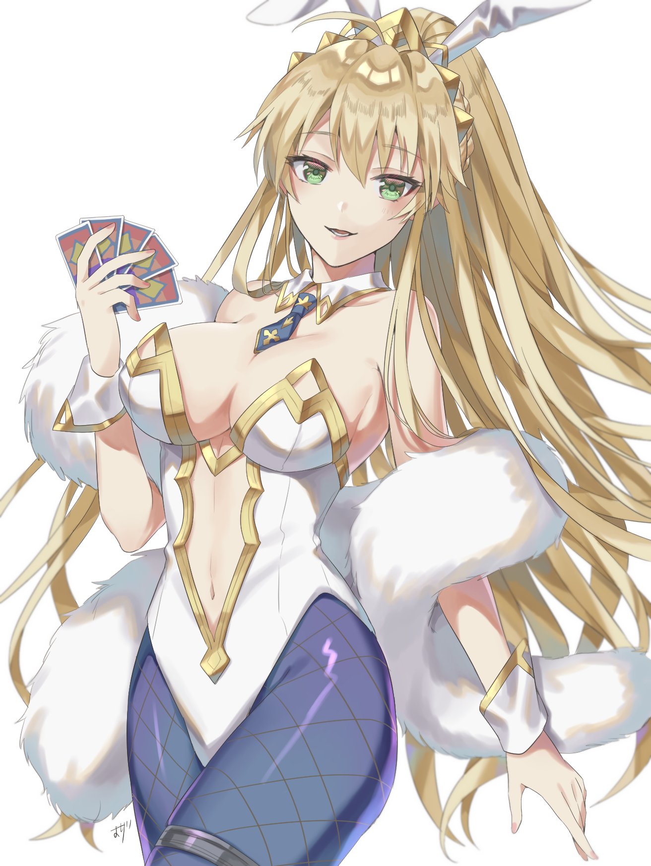 1girl, animal_ears, artoria_pendragon_(all), artoria_pendragon_(swimsuit_ruler)_(fate), blonde_hair, blue_legwear, blue_neckwear, braid