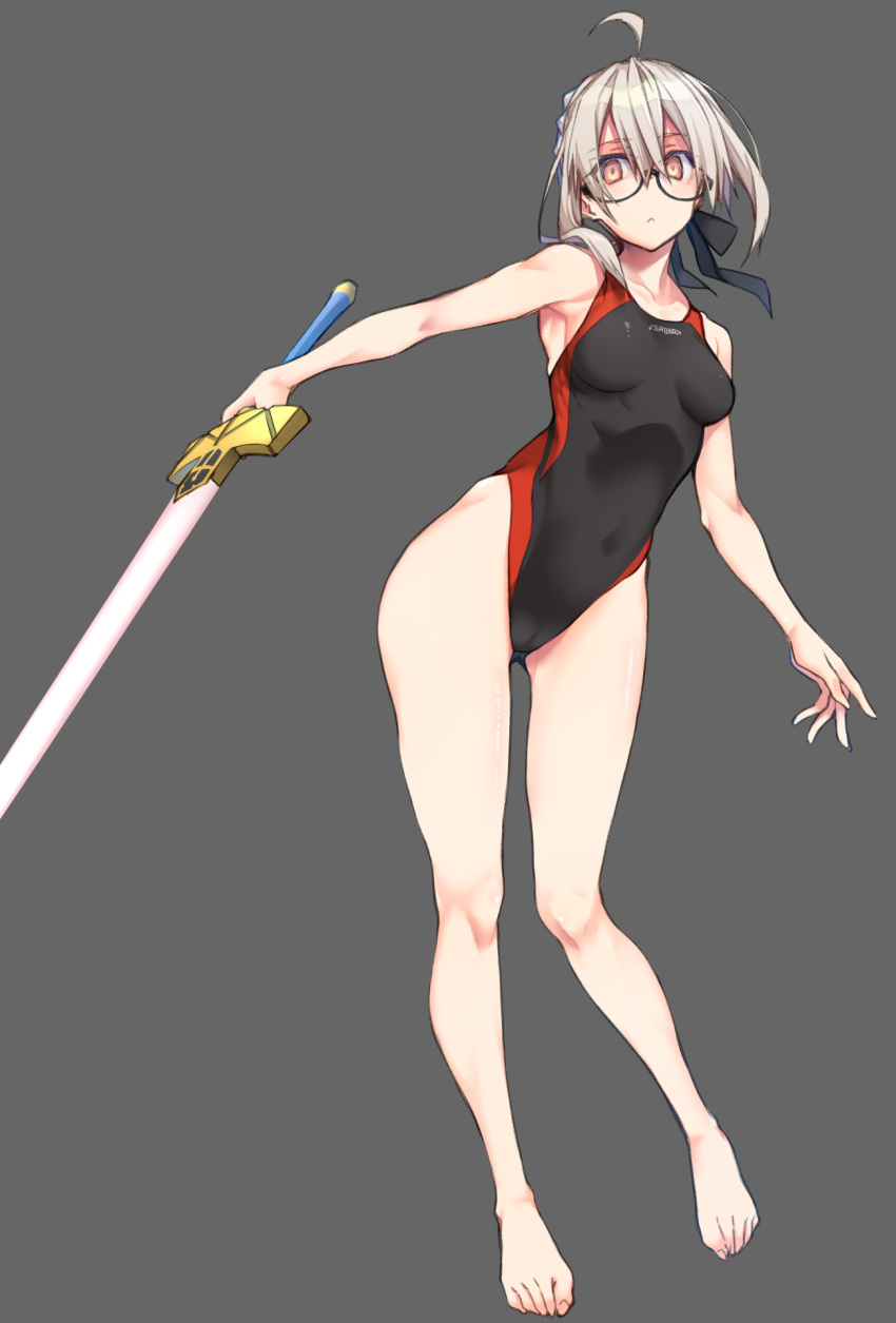 10mo, ahoge, artoria_pendragon_(all), barefoot, black_swimsuit, braid, breasts, competition_swimsuit, covered_navel, excalibur_(fate/stay_night), fate/grand_order, fate_(series), full_body, glasses, grey_background, hair_ribbon, highres, impossible_clothes, impossible_swimsuit, long_hair, mysterious_heroine_x_(alter)_(fate), one-piece_swimsuit, orange_eyes, ribbon, semi-rimless_eyewear, silver_hair, simple_background, small_breasts, swimsuit, sword, under-rim_eyewear, weapon