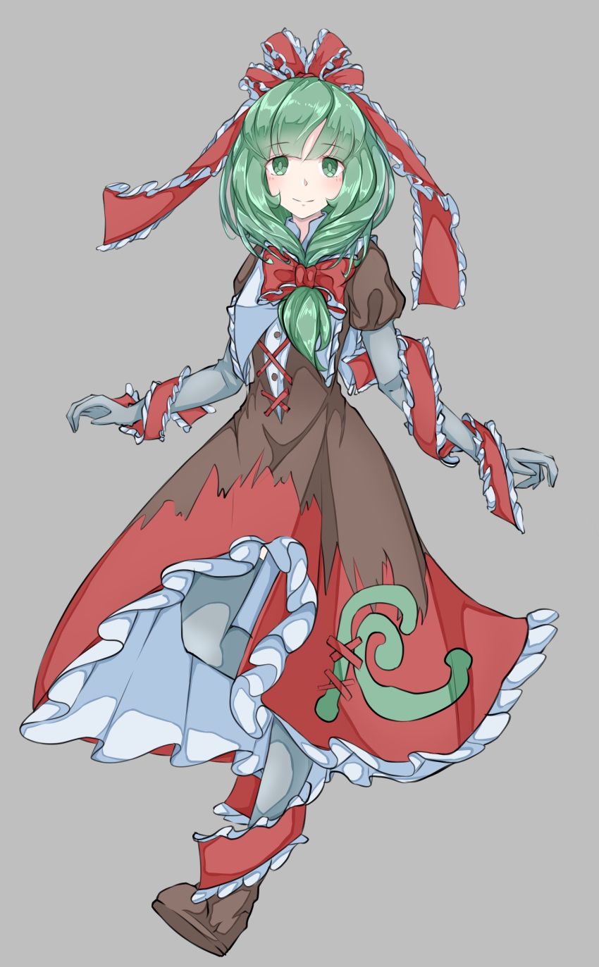 1girl, absurdres, arm_ribbon, artist_request, bangs, blush, boots, bow, brown_dress, brown_footwear, closed_mouth, colored_skin, commentary, cookie_(touhou), dress, eyebrows_visible_through_hair, frilled_dress, frilled_ribbon, frills, front_ponytail, full_body, green_eyes, green_hair, grey_background, grey_skin, hair_bow, hair_ribbon, higashi_aisu, highres, kagiyama_hina, long_dress, long_hair, looking_at_viewer, puffy_short_sleeves, puffy_sleeves, red_bow, red_ribbon, ribbon, short_sleeves, simple_background, smile, solo, touhou