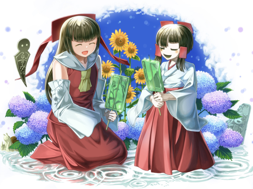 2girls, bangs, blunt_bangs, bow, brown_hair, closed_eyes, colored_skin, commentary_request