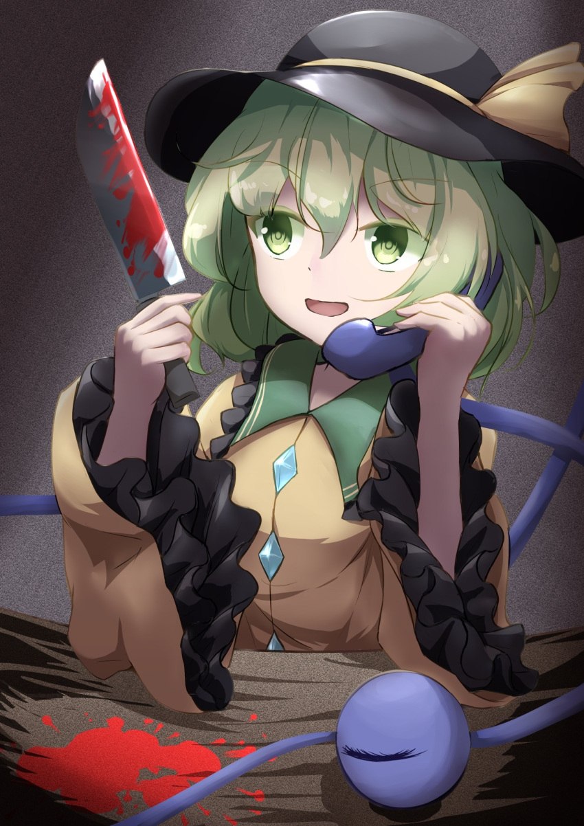 1girl, arms_up, black_background, black_headwear, blood, blood_splatter, bloody_weapon, collar, commentary_request, elbows_on_table, eyebrows_visible_through_hair, frilled_shirt_collar, frilled_sleeves, frills, gradient, gradient_background, green_collar, green_eyes, green_hair, hair_between_eyes, hat, hat_ribbon, highres, holding, holding_knife, holding_phone, knife, komeiji_koishi, long_sleeves, looking_to_the_side, open_mouth, phone, resa_7z_(resastr), ribbon, shirt, short_hair, solo, talking_on_phone, touhou, upper_body, weapon, yellow_shirt