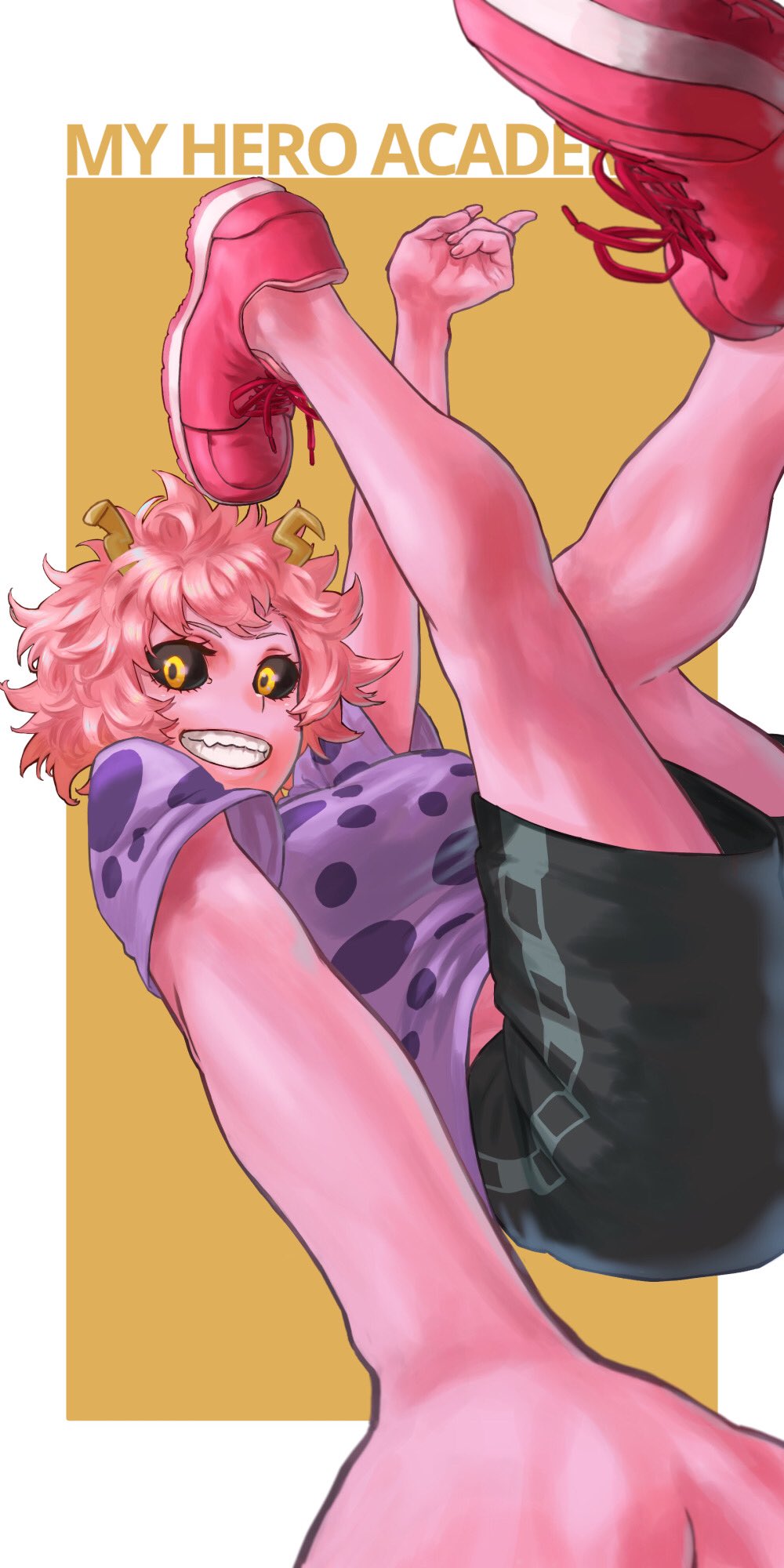 1girl, 4o080_yotabnc, ashido_mina, black_sclera, black_shorts, boku_no_hero_academia, breakdance, colored_sclera, colored_skin, commentary_request, highres, horns, legs_up, pink_footwear, pink_hair, pink_skin, purple_shirt, shirt, shoes, short_hair, shorts, smile, sneakers, solo, teeth, two-tone_background, white_background, yellow_background, yellow_eyes
