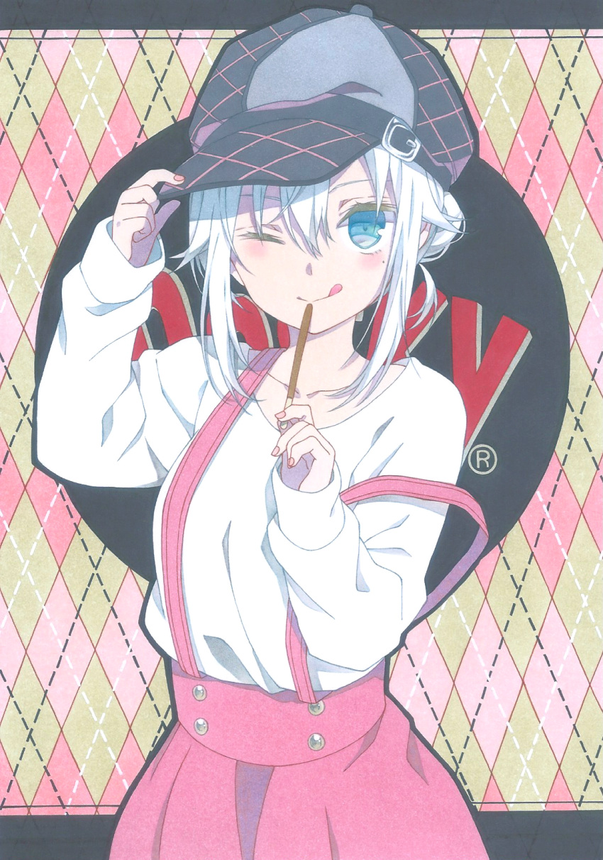1girl, 310_(garnetsato), ;p, bangs, blue_eyes, blush, breasts, cabbie_hat, collarbone, copyright_name, food, hair_between_eyes, hand_on_headwear, hat, highres, holding, holding_food, holding_pocky, long_sleeves, looking_at_viewer, nail_polish, one_eye_closed, original, pink_nails, pocky, shirt, skirt, solo, suspender_skirt, suspenders, tied_hair, tongue, tongue_out, upper_body, white_hair, white_shirt