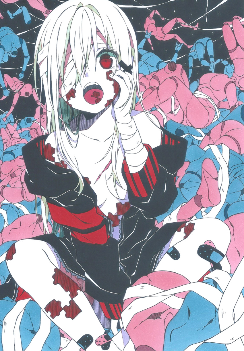 1girl, 310_(garnetsato), \m/, albino, bandaged_arm, bandaged_head, bandages, bandaid