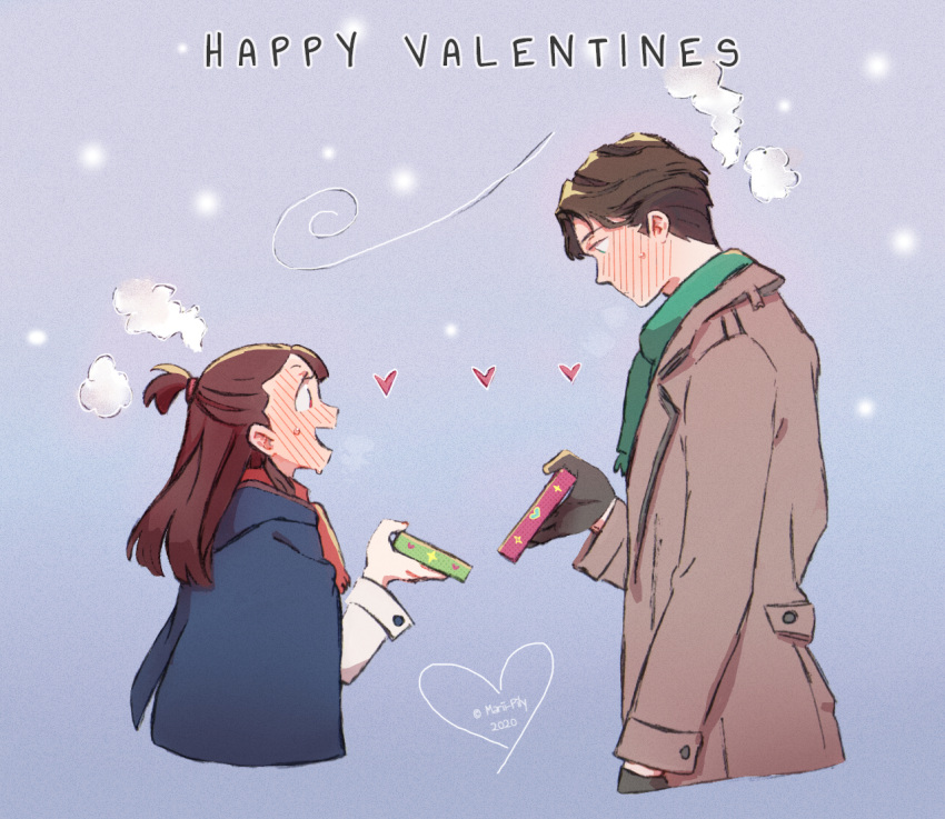 1boy, 1girl, andrew_hanbridge, artist_name, black_gloves, blue_cloak, blush, brown_hair