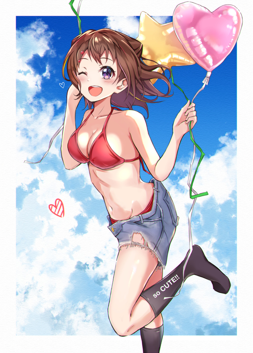 1girl, aranami_shibuki, balloon, bang_dream!, bikini, black_legwear, blue_sky, brown_hair