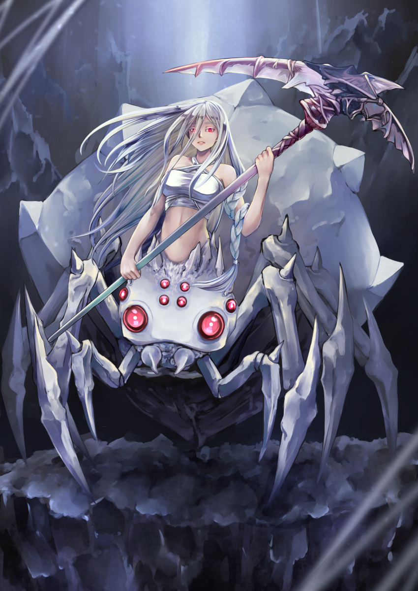1girl, absurdres, aira_(qwedcxza49), arachne, arthropod_legs, bangs, bare_shoulders, braid