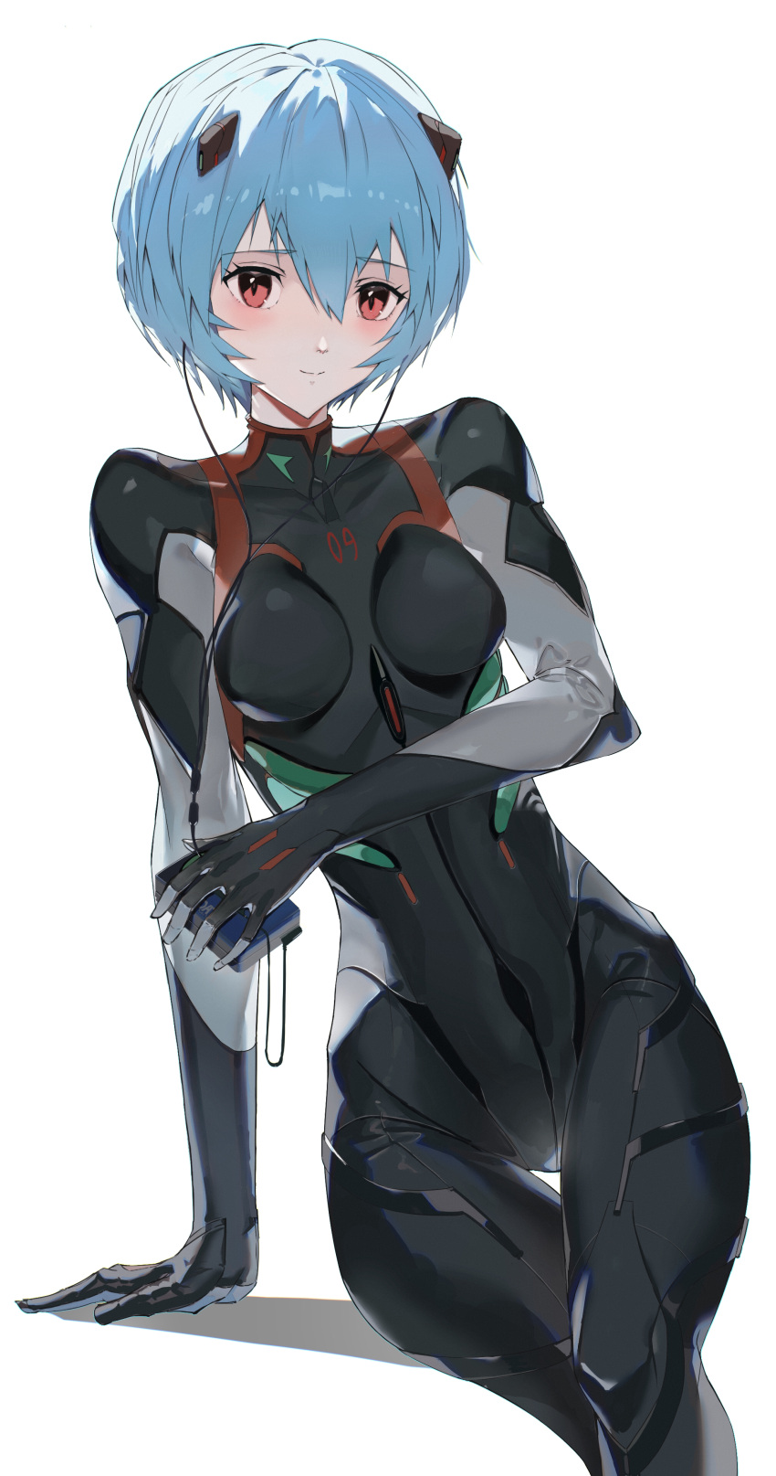 1girl, absurdres, arm_support, ayanami_rei, bangs, black_bodysuit, blue_hair, bodysuit