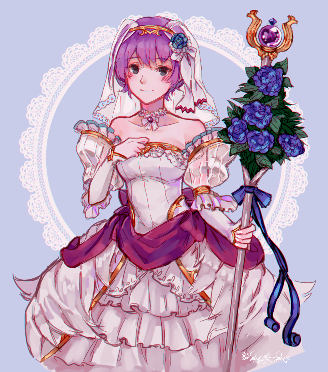 1girl, bangs, bernadetta_von_varley, black_eyes, blue_flower, blue_ribbon, blush, closed_mouth