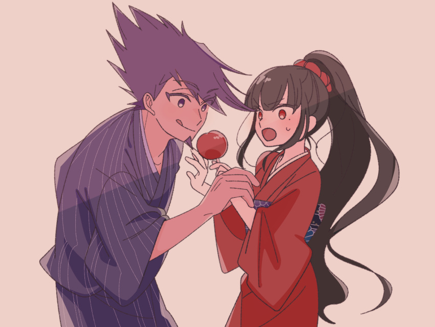 1boy, 1girl, :q, alternate_costume, alternate_hairstyle, bangs, black_hair, bow, candy_apple, dangan_ronpa_(series), dangan_ronpa_v3:_killing_harmony, facial_hair, food, goatee, harukawa_maki, highres, jacket, japanese_clothes, kimono, long_hair, long_sleeves, mole, mole_under_eye, momota_kaito, obi, open_mouth, pink_background, ponytail, purple_hair, red_eyes, red_kimono, sash, shirt, simple_background, smile, spiky_hair, striped, striped_kimono, surprised, sweatdrop, symbol_commentary, tongue, tongue_out, very_long_hair, wide_sleeves, wrist_grab, yoshi_taka_(y_04taka), yukata