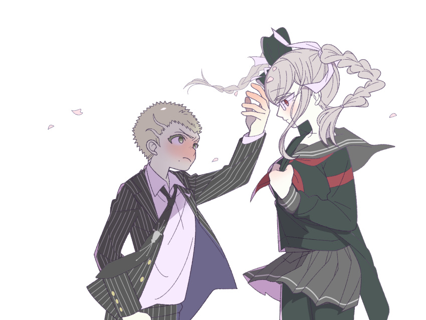 1boy, 1girl, arm_up, bangs, black_bow, black_jacket, black_legwear, black_pants, black_shirt, blonde_hair, blush, bow, braid, cowboy_shot, dangan_ronpa_(series), dangan_ronpa_2:_goodbye_despair, floating_hair, frown, glasses, green_eyes, grey_background, grey_hair, grey_skirt, hetero, highres, jacket, kuzuryuu_fuyuhiko, long_hair, long_sleeves, mole, mole_under_mouth, necktie, pants, pantyhose, pekoyama_peko, red_eyes, sailor_collar, school_uniform, serafuku, shirt, short_hair, simple_background, skirt, striped, striped_jacket, striped_pants, twin_braids, white_background, white_shirt, yoshi_taka_(y_04taka)