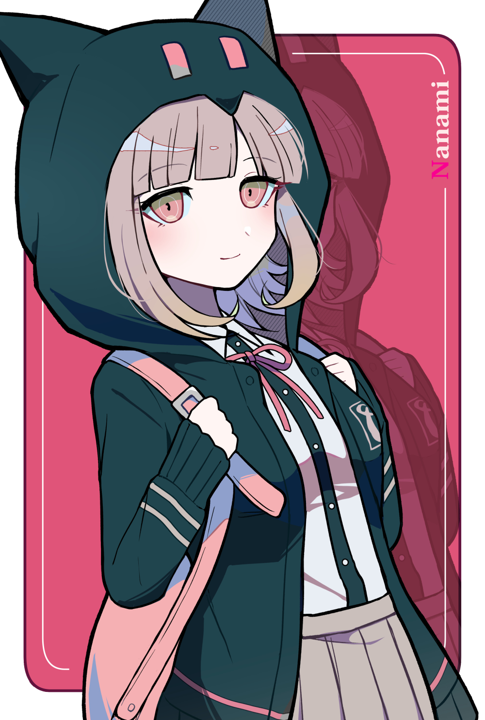 1girl, animal_bag, animal_hood, backpack, bag, bangs, black_shirt, blush, breasts, brown_skirt, cat_bag, cat_hood, character_name, collared_shirt, commentary_request, dangan_ronpa_(series), dangan_ronpa_2:_goodbye_despair, dress_shirt, eyebrows_visible_through_hair, flipped_hair, green_jacket, hair_ornament, hairclip, highres, holding_strap, hood, hood_up, hooded_jacket, jacket, light_brown_hair, long_sleeves, looking_at_viewer, medium_hair, nanami_chiaki, pink_background, pink_bag, pink_eyes, pink_hair, pleated_skirt, ribbon, sasa_kado_(redbluemoon74), shirt, shirt_tucked_in, skirt, sleeves_past_wrists, small_breasts, smile, solo, white_background, white_shirt