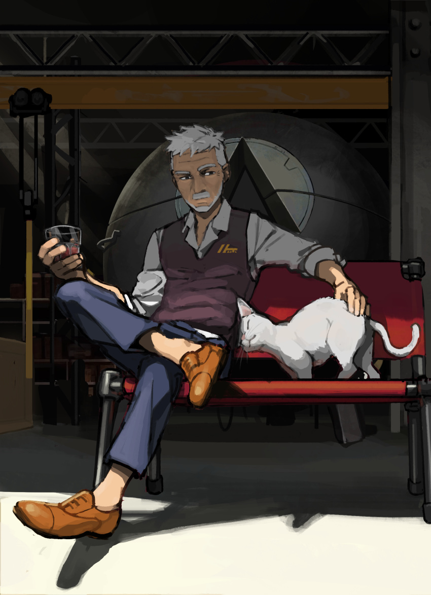 1boy, animal, beard, bench, cat, commentary, crossed_legs, facial_hair, glass, highres, holding, kongou_b, male_focus, mustache, old, old_man, original, petting, short_hair, sitting, vest, white_hair