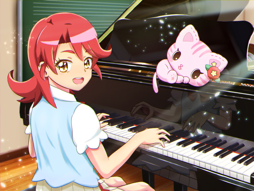 1girl, :d, anzai_tokiwa, blue_vest, bow, bowtie, brown_eyes, chalkboard