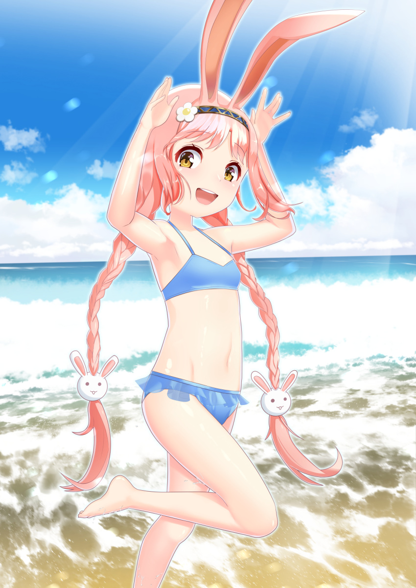 1girl, absurdres, animal_ears, armpits, arms_up, barefoot, beach, bikini, blue_bikini, braid, breasts, brown_eyes, bunny_pose, clouds, hairband, hanba_rou, highres, long_hair, mimi_(princess_connect!), navel, ocean, open_mouth, outdoors, princess_connect!, princess_connect!_re:dive, rabbit_ears, sky, small_breasts, smile, solo, standing, standing_on_one_leg, swimsuit, swimwear, twin_braids, twintails, very_long_hair