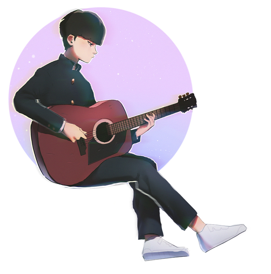1boy, black_eyes, black_hair, black_pants, bowl_cut, full_body, gakuran, guitar, instrument, invisible_chair, kageyama_shigeo, long_sleeves, male_focus, mob_psycho_100, music, pants, playing_instrument, plectrum, sam_holiday, school_uniform, shoes, short_hair, simple_background, sitting, solo, white_footwear