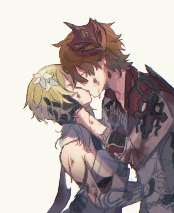1boy, ahoge, bare_shoulders, blonde_hair, blood, blood_on_face, blood_splatter, closed_eyes