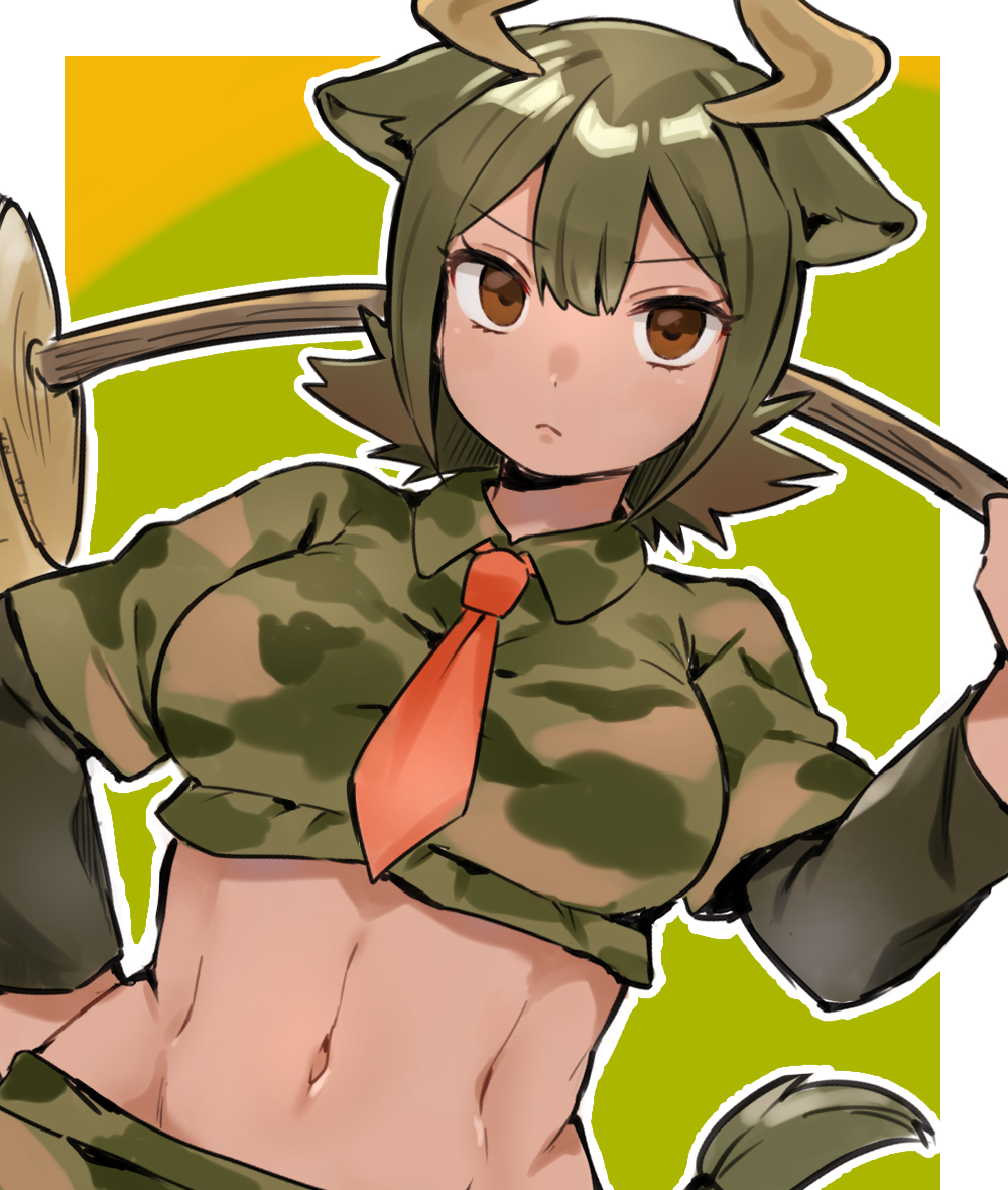 >:(, 1girl, animal_ears, aurochs_(kemono_friends), bangs, brown_eyes, brown_hair, camouflage, camouflage_shirt, closed_mouth, cow_ears, cow_horns, cropped_shirt, dutch_angle, eyebrows_visible_through_hair, frown, green_hair, hand_on_hip, hand_up, holding, holding_weapon, horns, kemono_friends, long_sleeves, looking_at_viewer, medium_hair, midriff, multicolored_hair, navel, necktie, parted_bangs, polearm, print_shirt, red_neckwear, shirt, short_over_long_sleeves, short_sleeves, solo, stomach, suicchonsuisui, tan, taut_clothes, taut_shirt, toned, two-tone_hair, v-shaped_eyebrows, weapon