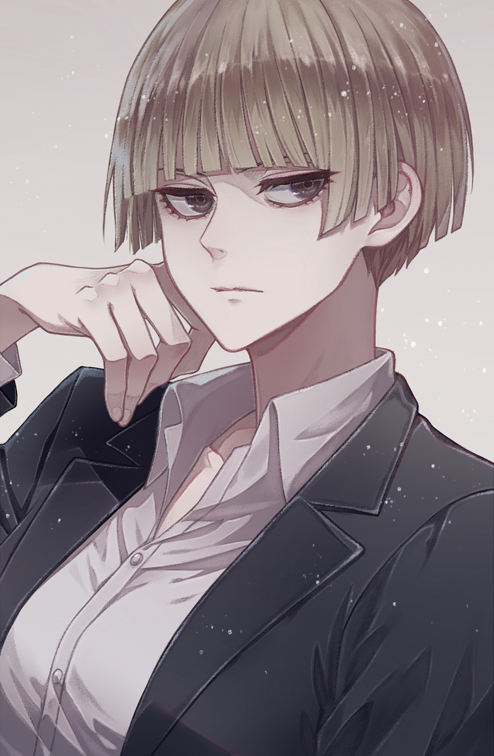 1girl, angel31424, bangs, blonde_hair, blunt_bangs, bob_cut, brown_eyes, formal