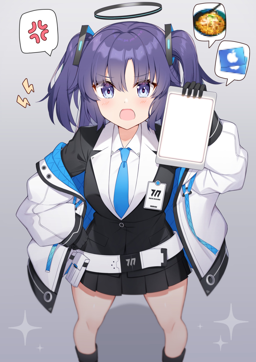1girl, anger_vein, bangs, black_gloves, black_jacket, black_legwear, black_skirt, blue_archive, blue_neckwear, breasts, censored, collared_shirt, commentary_request, eyebrows_visible_through_hair, feet_out_of_frame, gift_card, gloves, grey_background, hair_between_eyes, halo, hand_on_hip, hand_up, highres, holding, jacket, lightning_bolt, long_hair, long_sleeves, medium_breasts, mosaic_censoring, necktie, off_shoulder, open_clothes, open_jacket, parted_bangs, pleated_skirt, puffy_long_sleeves, puffy_sleeves, purple_hair, shirt, skirt, socks, solo, sparkle, speech_bubble, spoken_anger_vein, spoken_food, t@ke-g, tablet_pc, twintails, two_side_up, violet_eyes, white_jacket, white_shirt, yuuka_(blue_archive)
