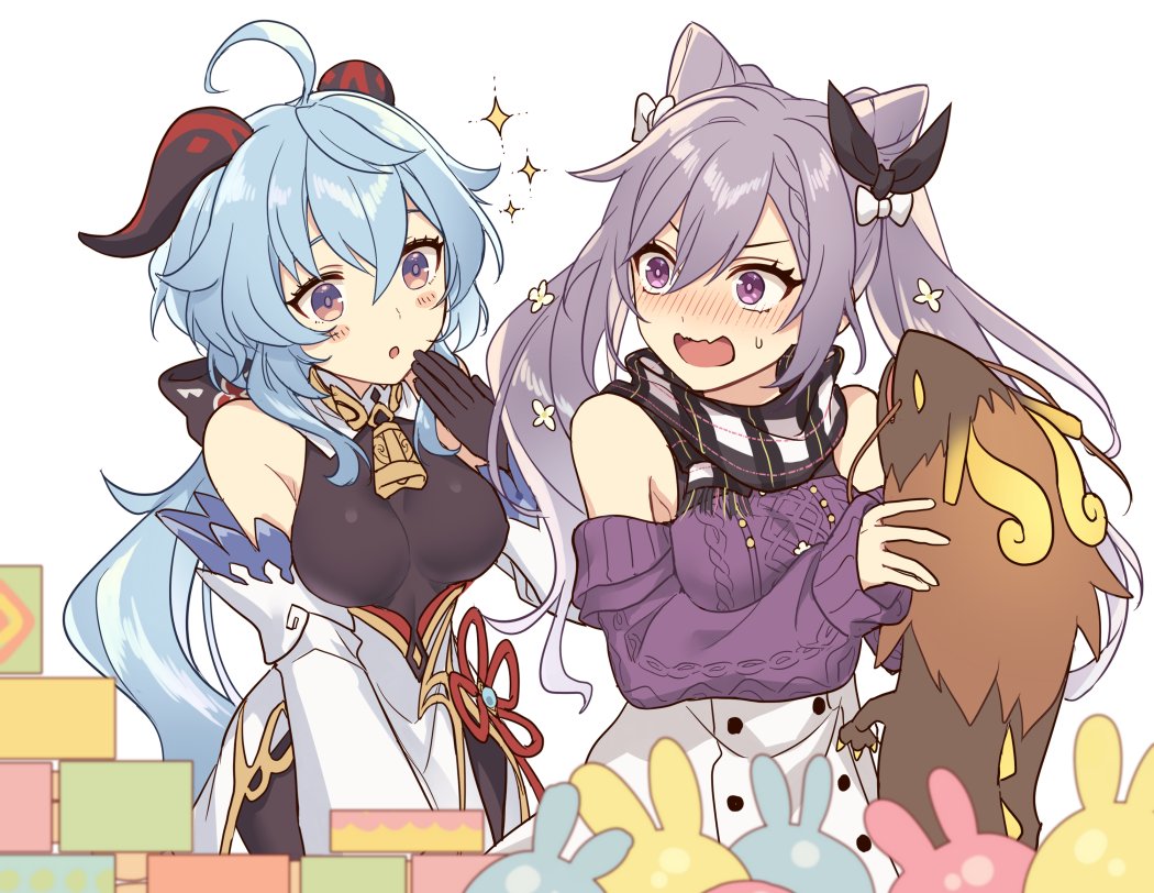 1boy, 2girls, :o, ahoge, alternate_costume, animal_ears, bare_shoulders, bell, blue_hair, blush, bow, breasts, casual, cowbell, detached_sleeves, dress, embarrassed, flower, ganyu_(genshin_impact), genshin_impact, gloves, hair_bow, hair_flower, hair_ornament, half-closed_eyes, holding, holding_stuffed_toy, horns, keqing_(genshin_impact), kokotendon, long_sleeves, looking_at_another, multiple_girls, nervous_smile, open_mouth, plaid, plaid_scarf, purple_hair, purple_sweater, rabbit_ears, rex_lapis_(genshin_impact), scarf, skirt, smile, sparkle, stuffed_toy, sweatdrop, sweater, tsundere, twintails, violet_eyes, wavy_mouth, white_skirt