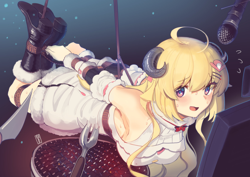 1girl, ahoge, bdsm, blonde_hair, bondage, boots, bound, detached_sleeves