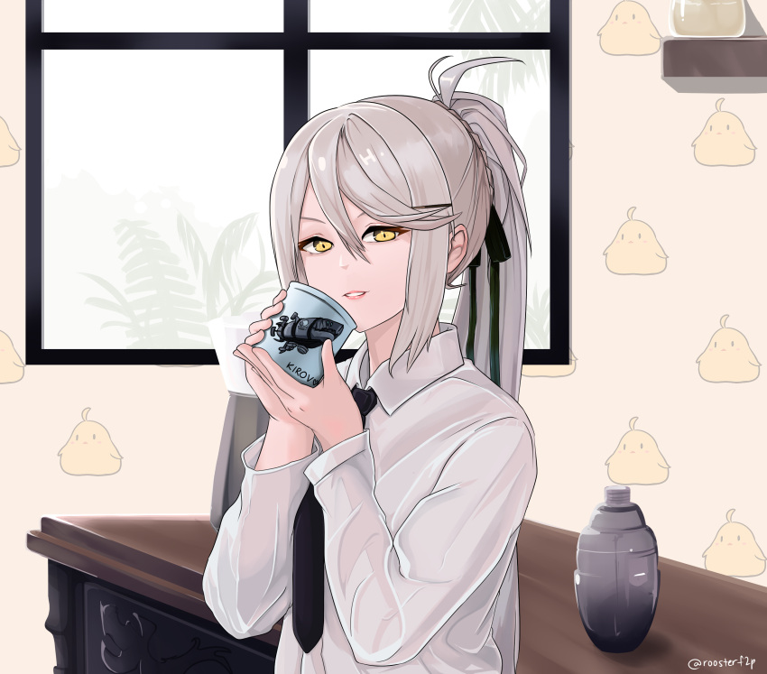 1girl, artist_name, azur_lane, bangs, black_neckwear, black_ribbon, braid, coffee_cup