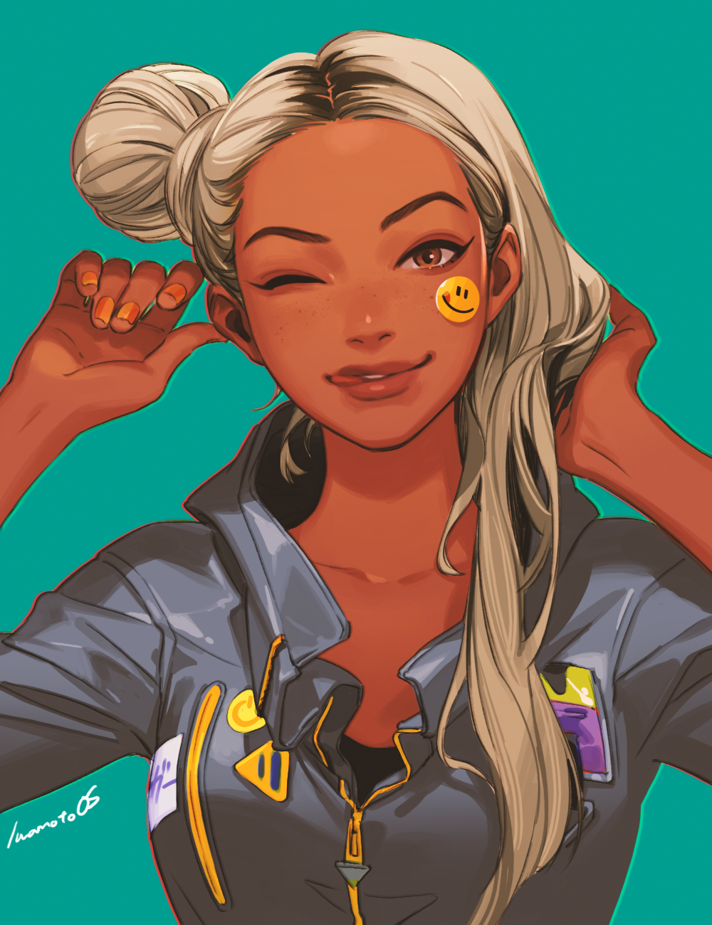 1girl, alternate_hairstyle, apex_legends, artist_name, black_hair, blonde_hair, blue_jacket, breasts