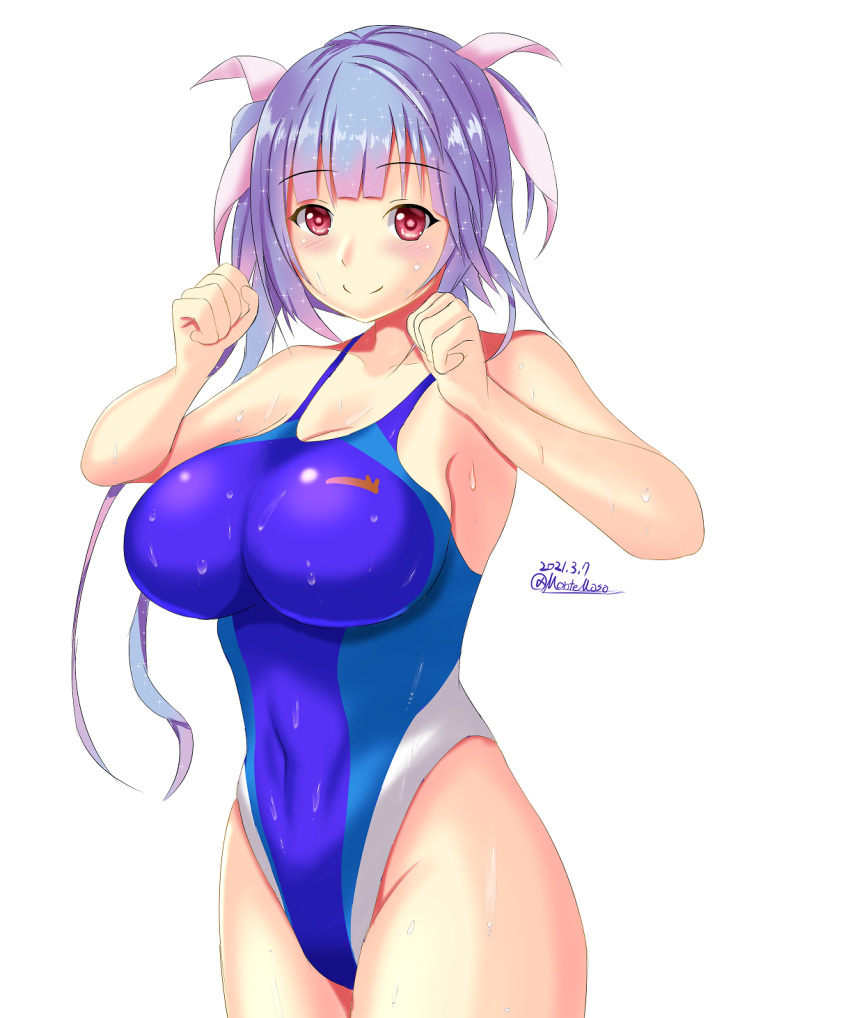 1girl, blue_hair, blue_swimsuit, breasts, collarbone, competition_swimsuit, cowboy_shot, hair_ribbon