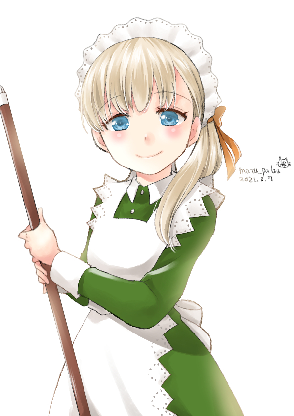 1girl, apron, bangs, blonde_hair, blue_eyes, blunt_bangs, broom, dated